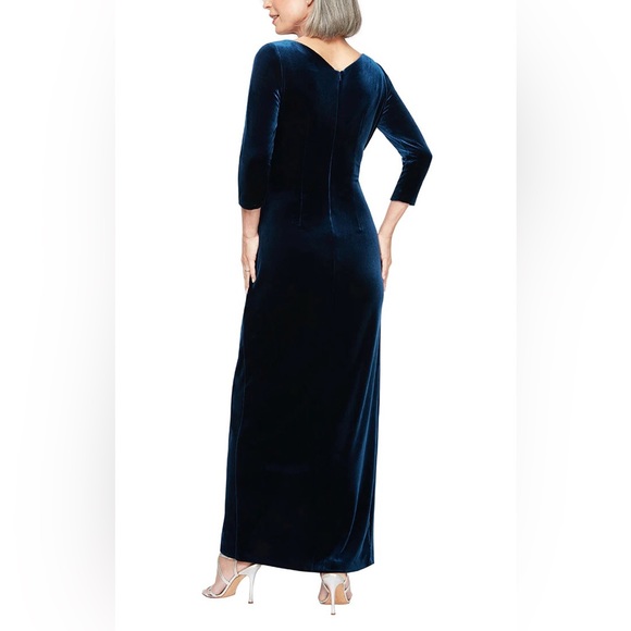 Alex Evenings Long Surplice Neckline Velvet Dress with Tulip Overlay Hem Skirt - Picture 2 of 7